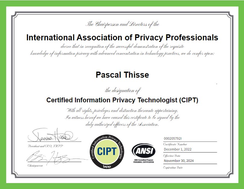 Certificat CIPT de Pascal Thisse